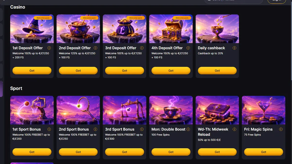Lilu Casino bonuses page showing the four-stage welcome pack and sports Freebets