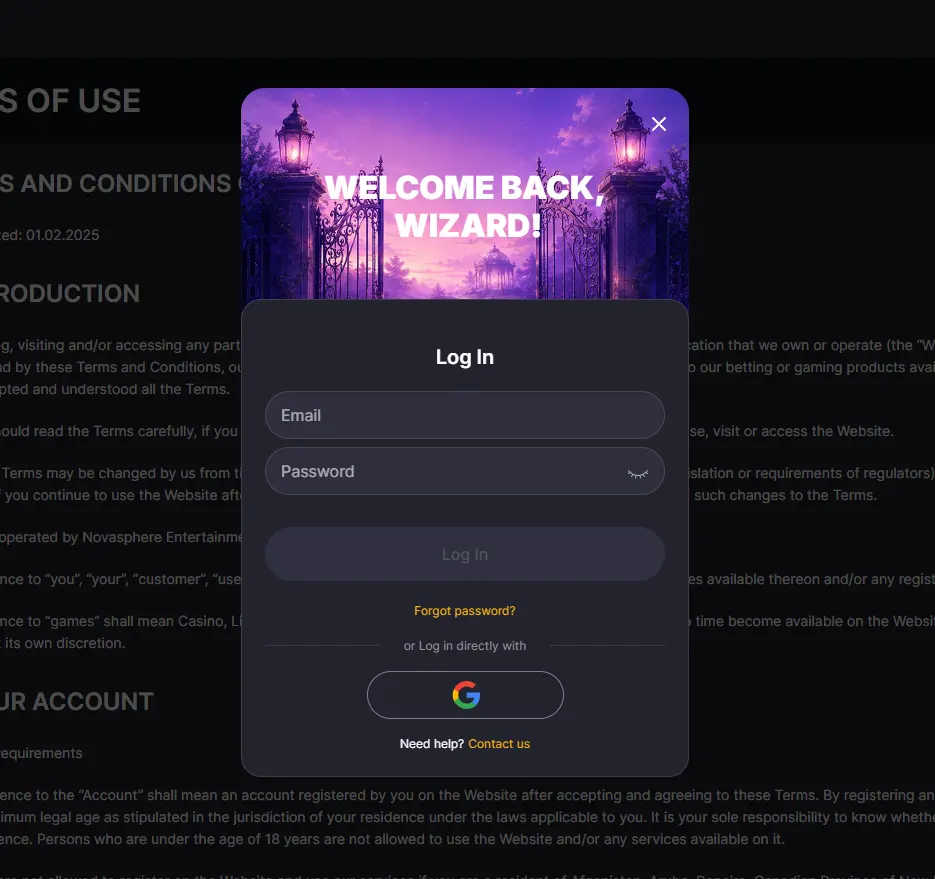 Lilu Casino login screen for signing in to your account