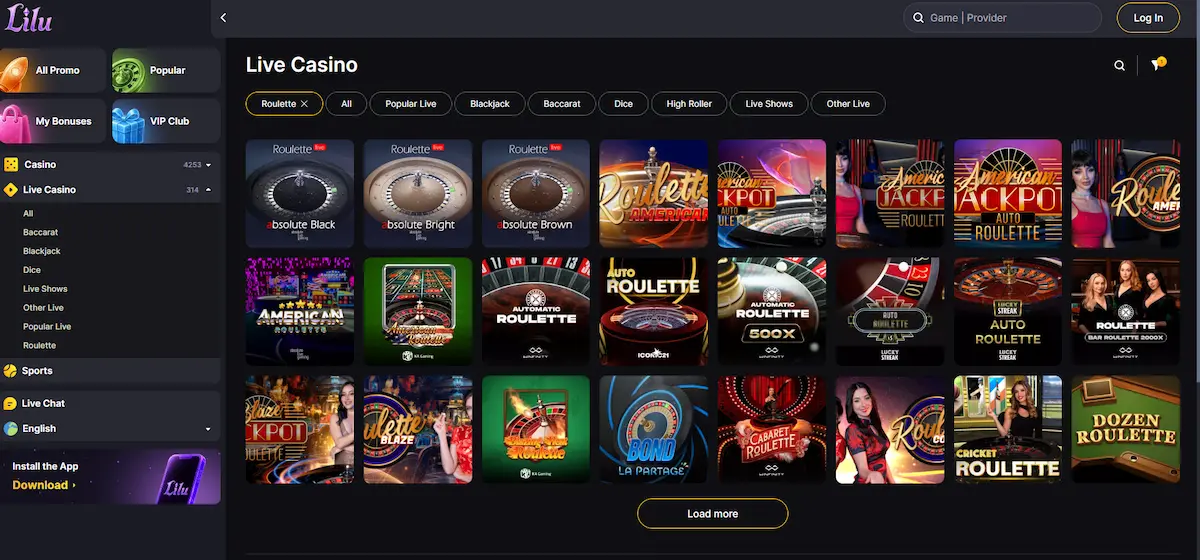 Live roulette tables streaming in the Lilu Casino live casino lobby