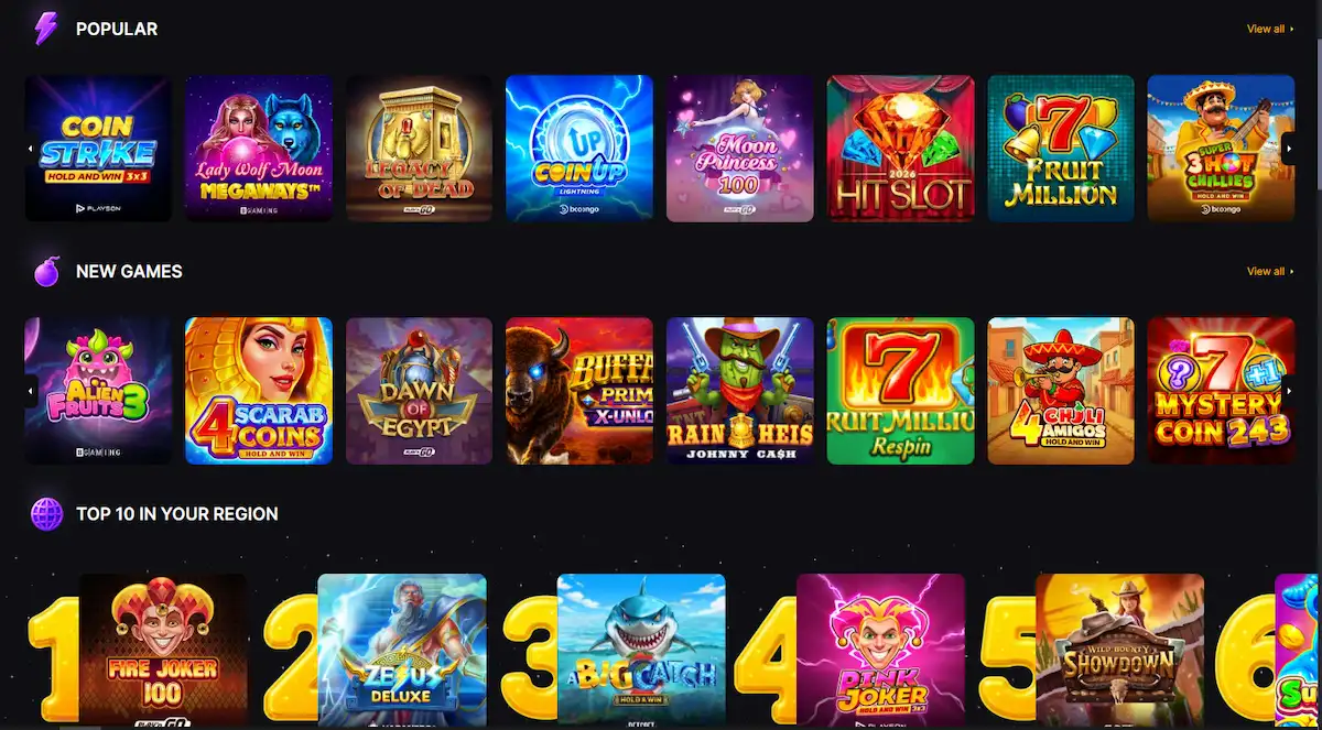Lilu Casino slots lobby showing popular and newly added slot games