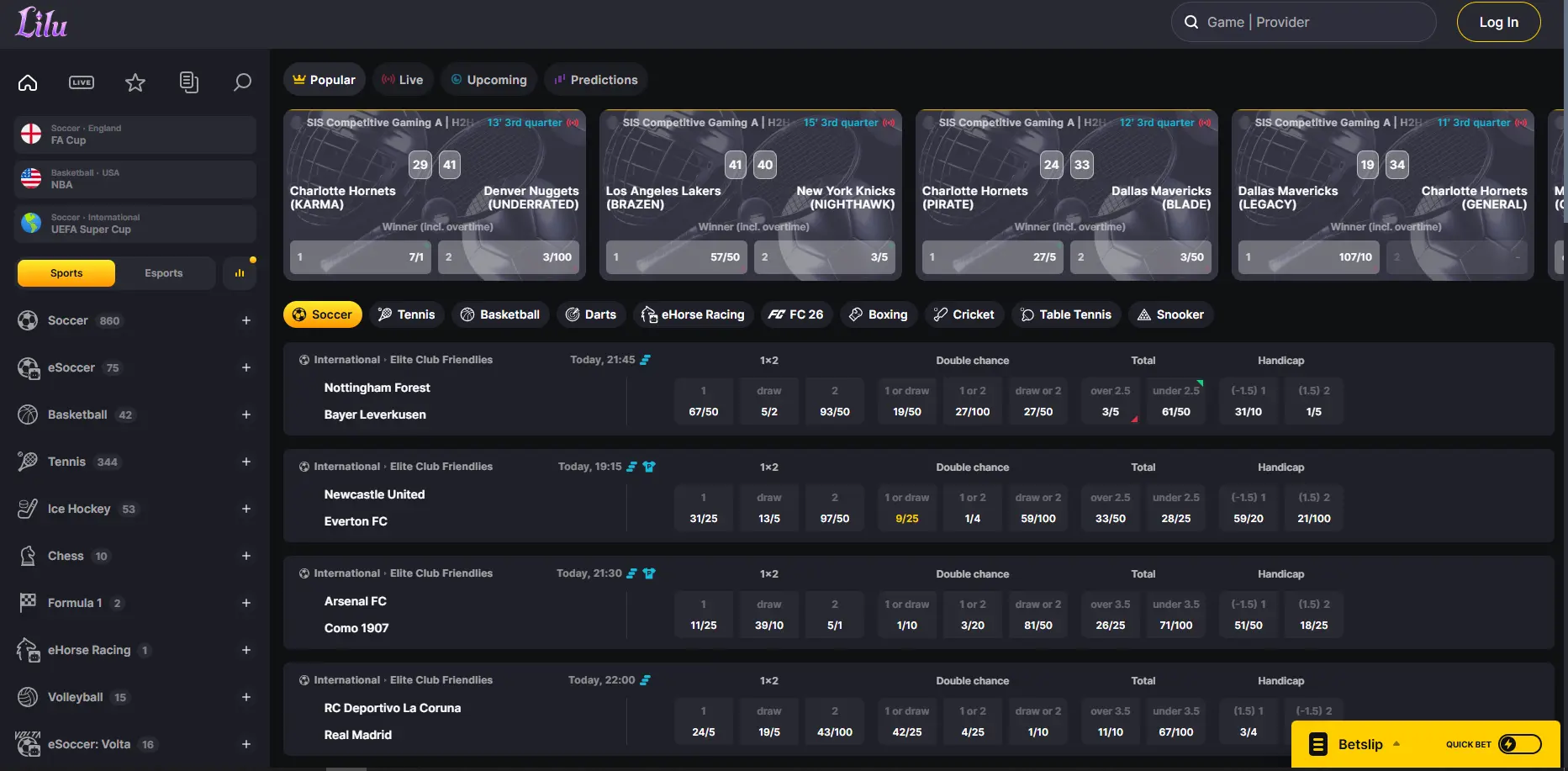 Lilu Casino sportsbook with live odds for soccer, basketball, and tennis